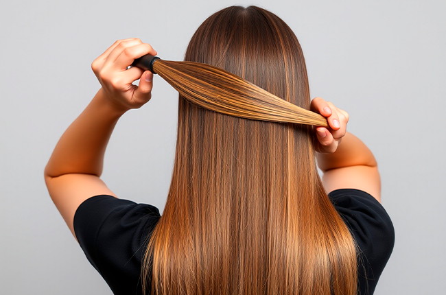 rear-view-combing-healthy-long-straight-female-hair-isolated-gray